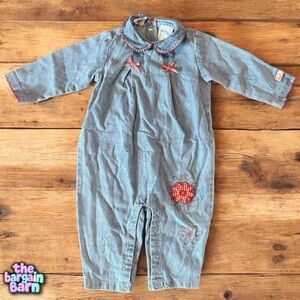 Vintage Cherokee Baby Chambray Embroidered Girls Infant Collard Jumpsuit (12M)